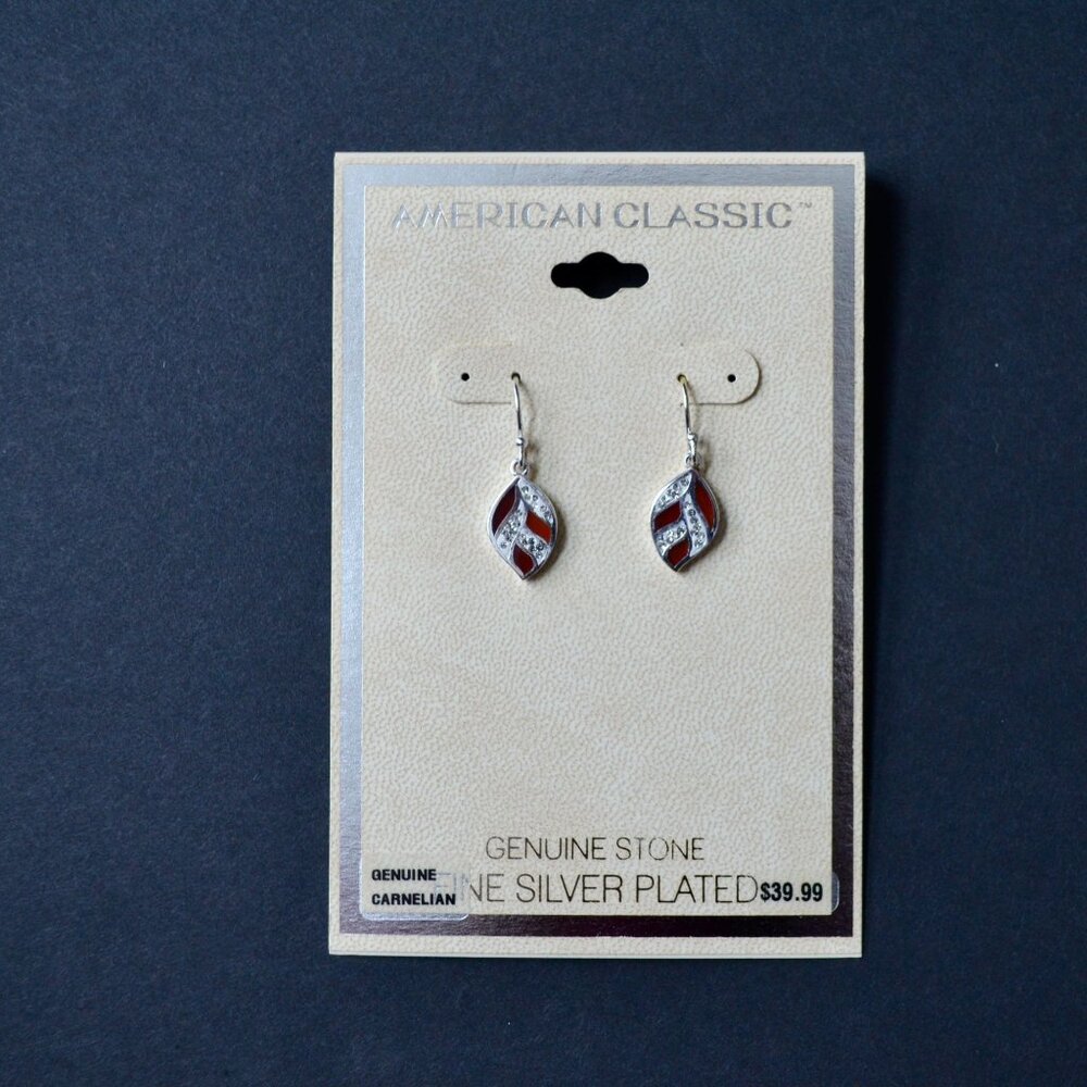 American Classic Genuine Carnelian Fine Silver Plated Drop Leaf Earrings New